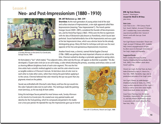 Homeschool Art Curriculum Sample page - Post Impressionism - Drawing on History